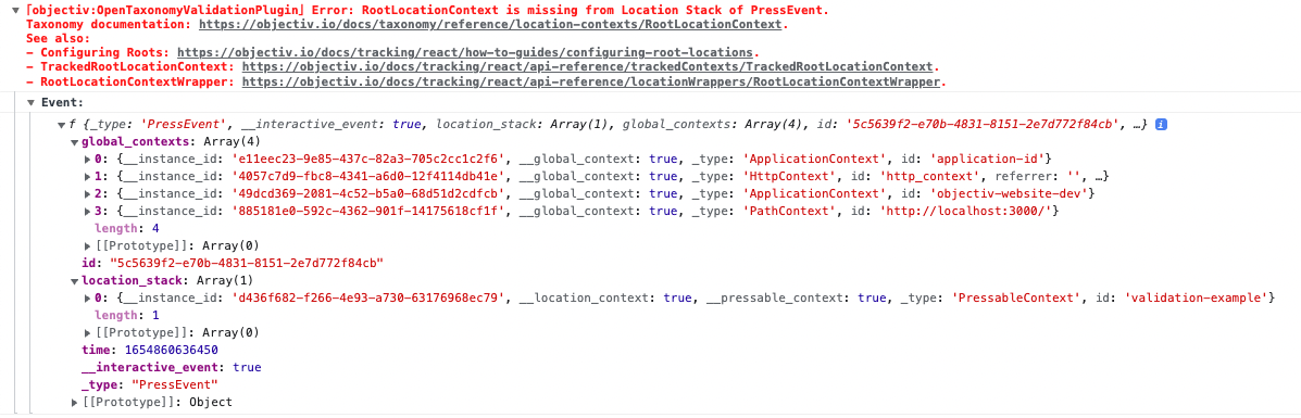 Example of the Tracker SDK reporting an instrumentation issue in the browser console, using the Validation service