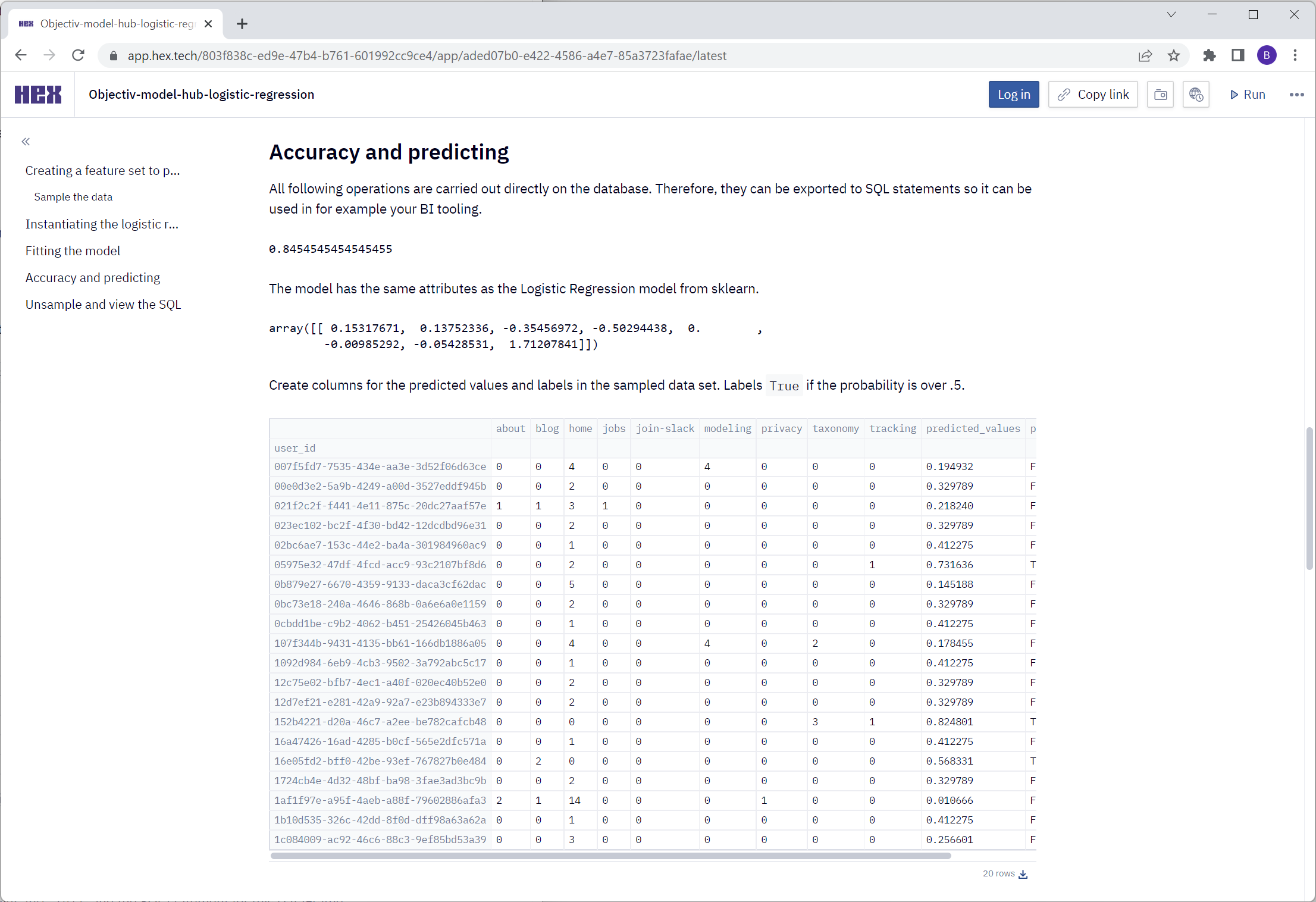 Predicting user behavior with logistic regression. Click to open in Hex.